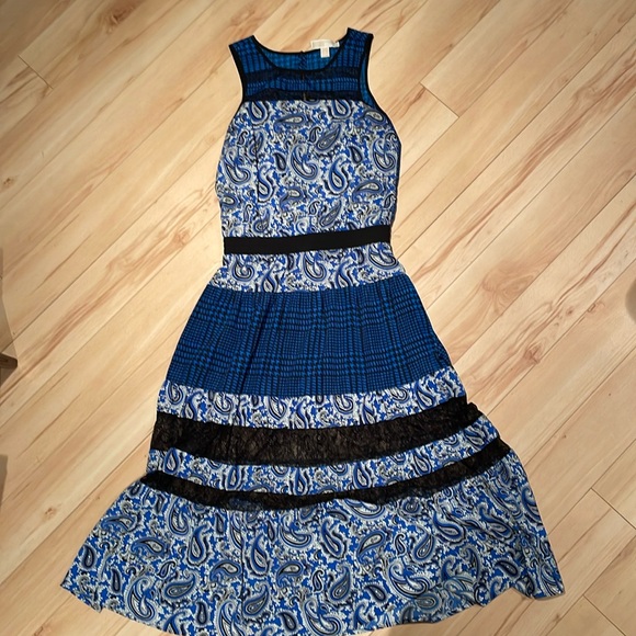 Sz S Michael Kors Blue Lazio Paisley/plaid Print Tiered Maxi Dress W/lace - Picture 1 of 9